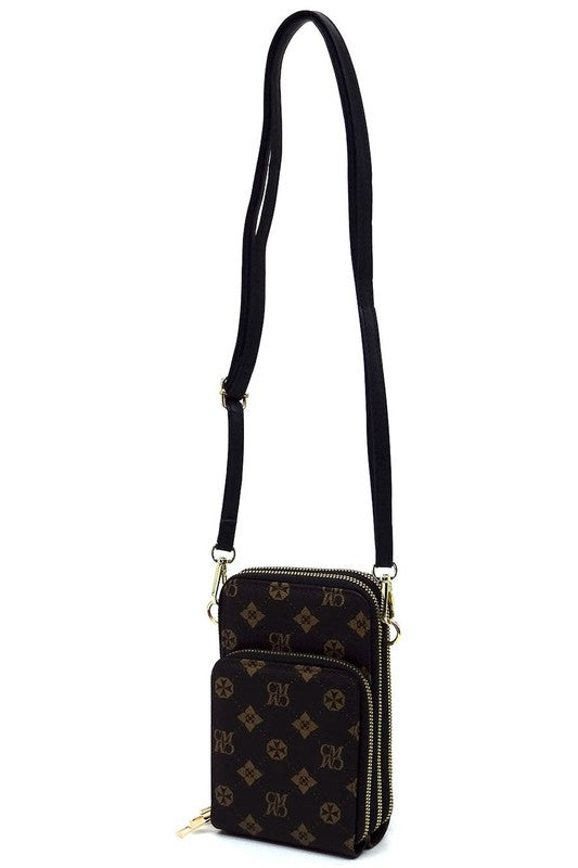 Monogrammed Crossbody Bag Faux Vegan Leather Cell Phone Purse Zipper Closure Gold-tone Hardware Detachable Strap Multi Compartment