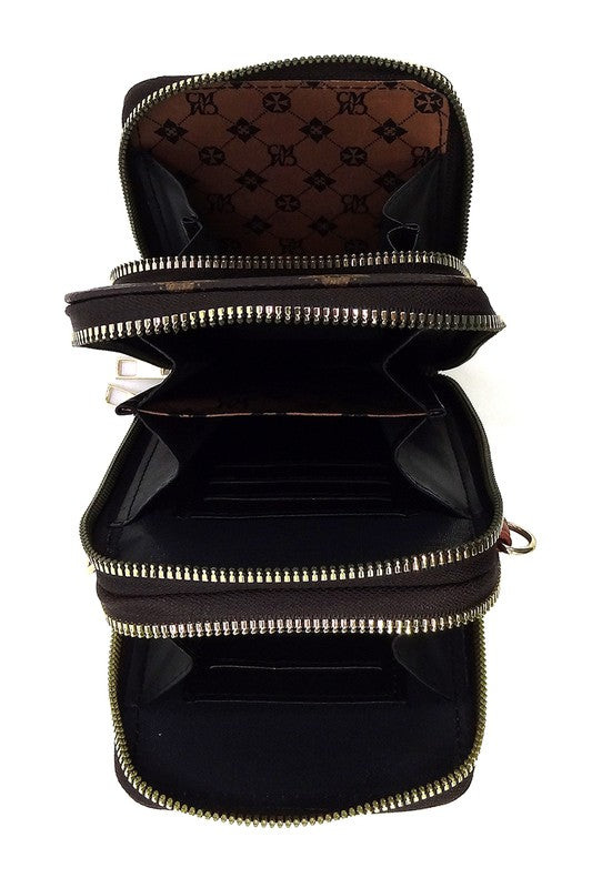 Monogrammed Crossbody Bag Faux Vegan Leather Cell Phone Purse Zipper Closure Gold-tone Hardware Detachable Strap Multi Compartment