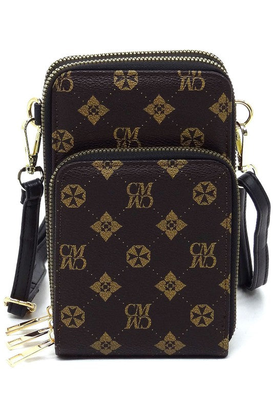 Monogrammed Crossbody Bag Faux Vegan Leather Cell Phone Purse Zipper Closure Gold-tone Hardware Detachable Strap Multi Compartment