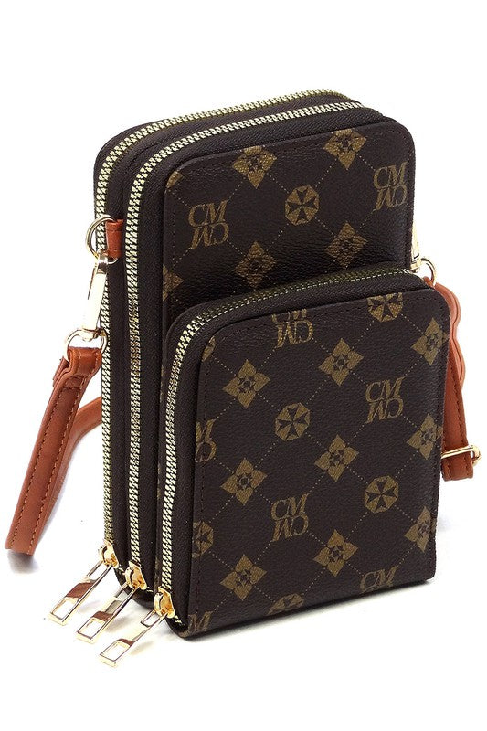 Monogrammed Crossbody Bag Faux Vegan Leather Cell Phone Purse Zipper Closure Gold-tone Hardware Detachable Strap Multi Compartment