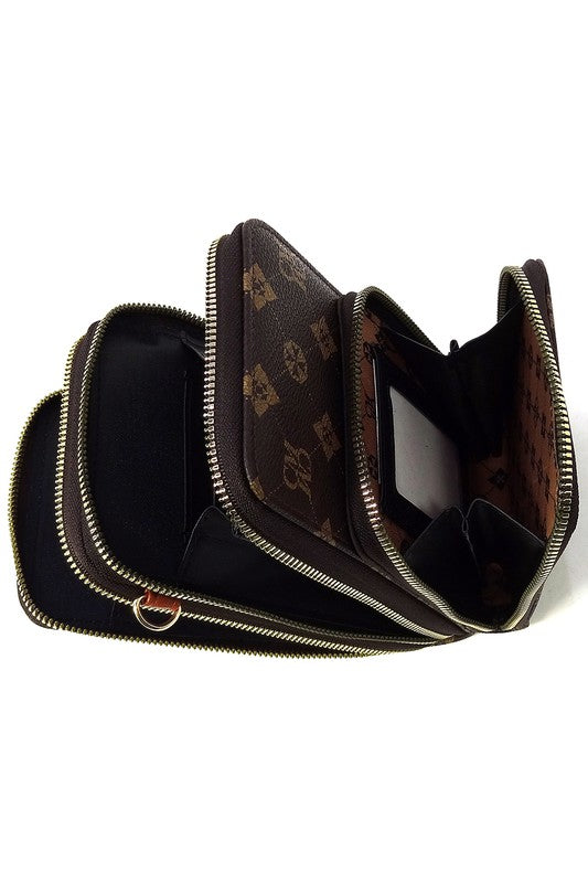 Monogrammed Crossbody Bag Faux Vegan Leather Cell Phone Purse Zipper Closure Gold-tone Hardware Detachable Strap Multi Compartment