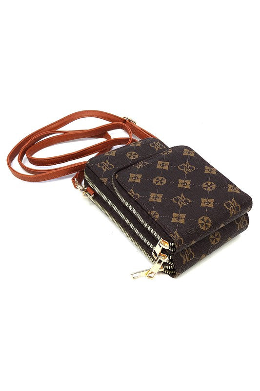 Monogrammed Crossbody Bag Faux Vegan Leather Cell Phone Purse Zipper Closure Gold-tone Hardware Detachable Strap Multi Compartment