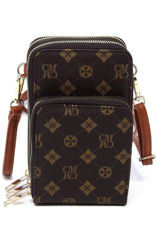 Monogrammed Crossbody Bag Faux Vegan Leather Cell Phone Purse Zipper Closure Gold-tone Hardware Detachable Strap Multi Compartment