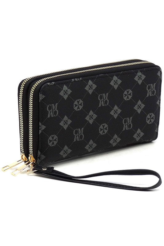 CM Monogram Zip Around Clutch Wallet Wristlet Faux Vegan Leather Gold-Tone Hardware Detachable Wrist Band 7.75L 4H 1.5W