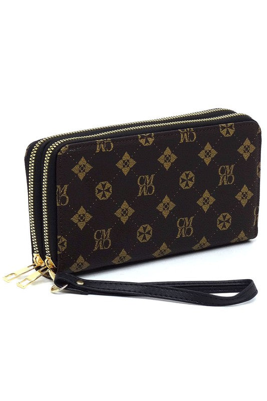CM Monogram Zip Around Clutch Wallet Wristlet Faux Vegan Leather Gold-Tone Hardware Detachable Wrist Band 7.75L 4H 1.5W
