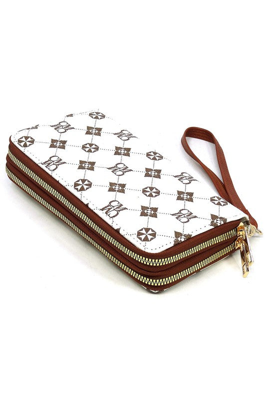 CM Monogram Zip Around Clutch Wallet Wristlet Faux Vegan Leather Gold-Tone Hardware Detachable Wrist Band 7.75L 4H 1.5W
