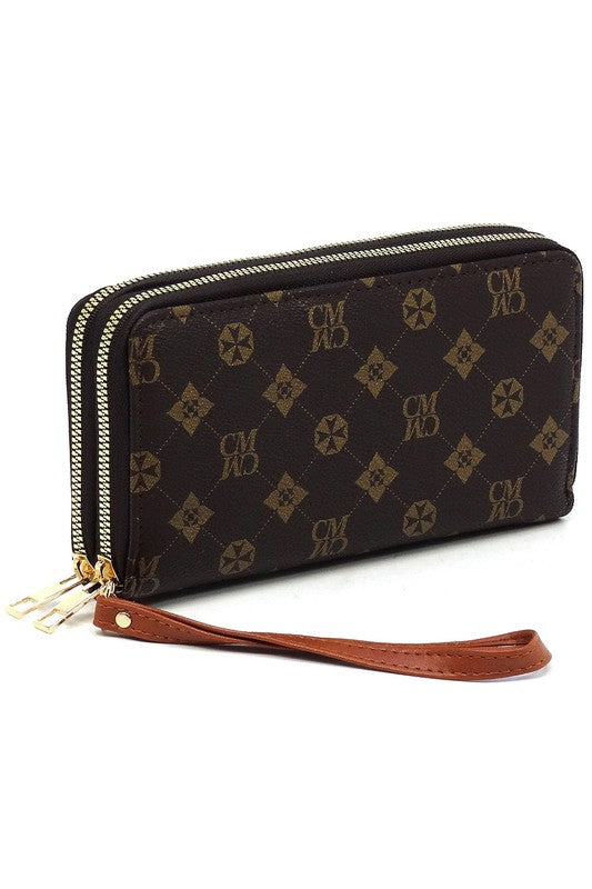 CM Monogram Zip Around Clutch Wallet Wristlet Faux Vegan Leather Gold-Tone Hardware Detachable Wrist Band 7.75L 4H 1.5W