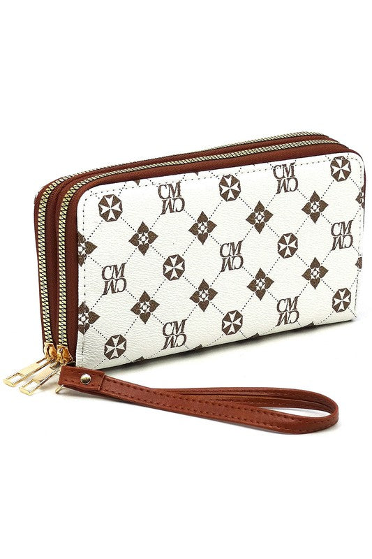 CM Monogram Zip Around Clutch Wallet Wristlet Faux Vegan Leather Gold-Tone Hardware Detachable Wrist Band 7.75L 4H 1.5W