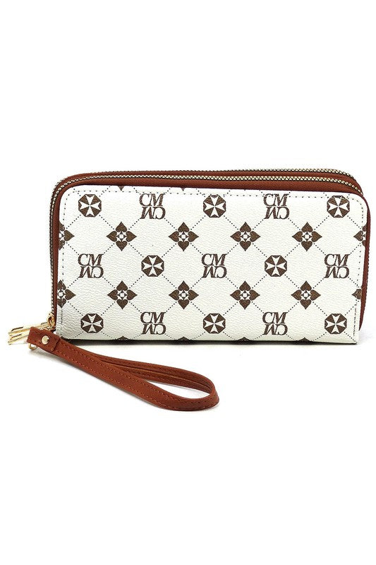 CM Monogram Zip Around Clutch Wallet Wristlet Faux Vegan Leather Gold-Tone Hardware Detachable Wrist Band 7.75L 4H 1.5W