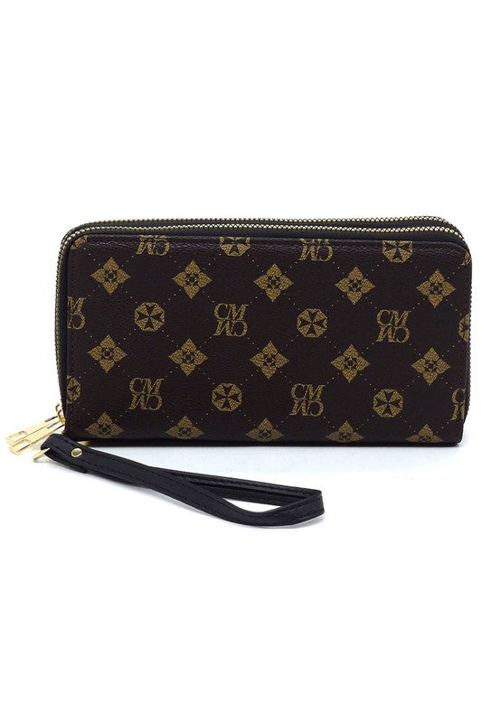 CM Monogram Zip Around Clutch Wallet Wristlet Faux Vegan Leather Gold-Tone Hardware Detachable Wrist Band 7.75L 4H 1.5W