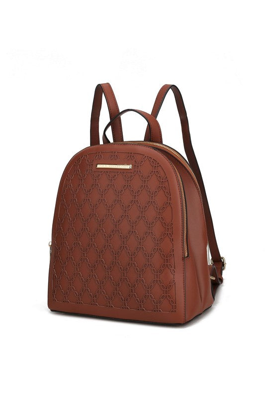 MKF Sloane Multi-Compartment Backpack Vegan Leather Gold-tone Hardware Adjustable Straps Interior Pockets Zip Closure 11x11.4x5.5