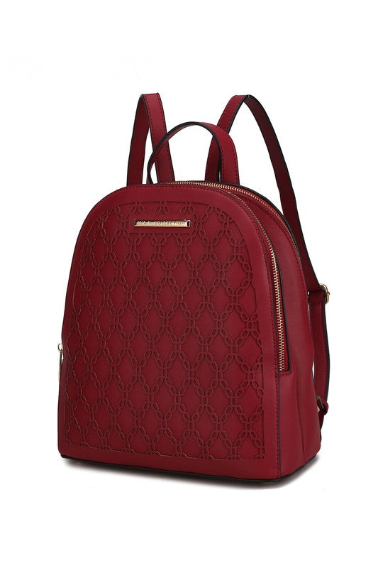 MKF Sloane Multi-Compartment Backpack Vegan Leather Gold-tone Hardware Adjustable Straps Interior Pockets Zip Closure 11x11.4x5.5