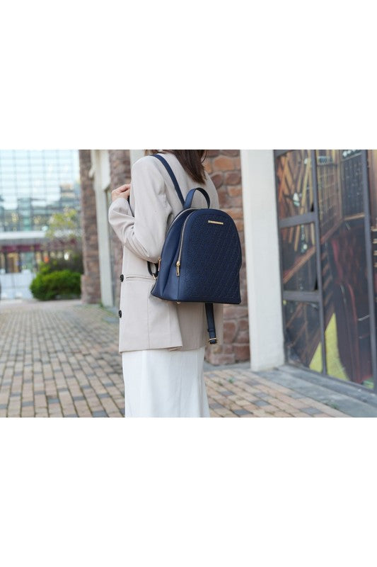 MKF Sloane Multi-Compartment Backpack Vegan Leather Gold-tone Hardware Adjustable Straps Interior Pockets Zip Closure 11x11.4x5.5