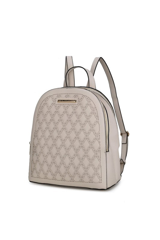 MKF Sloane Multi-Compartment Backpack Vegan Leather Gold-tone Hardware Adjustable Straps Interior Pockets Zip Closure 11x11.4x5.5