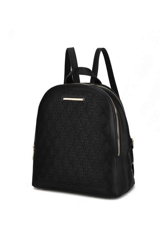 MKF Sloane Multi-Compartment Backpack Vegan Leather Gold-tone Hardware Adjustable Straps Interior Pockets Zip Closure 11x11.4x5.5