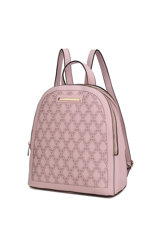 MKF Sloane Multi-Compartment Backpack Vegan Leather Gold-tone Hardware Adjustable Straps Interior Pockets Zip Closure 11x11.4x5.5