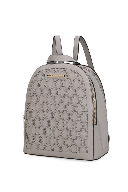 MKF Sloane Multi-Compartment Backpack Vegan Leather Gold-tone Hardware Adjustable Straps Interior Pockets Zip Closure 11x11.4x5.5
