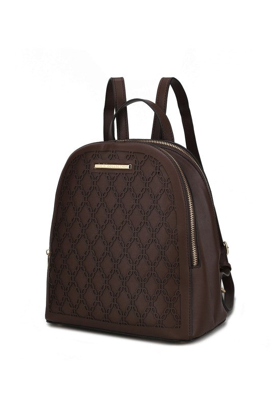 MKF Sloane Multi-Compartment Backpack Vegan Leather Gold-tone Hardware Adjustable Straps Interior Pockets Zip Closure 11x11.4x5.5