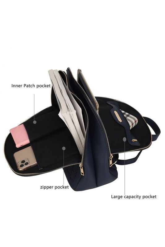 MKF Sloane Multi-Compartment Backpack Vegan Leather Gold-tone Hardware Adjustable Straps Interior Pockets Zip Closure 11x11.4x5.5