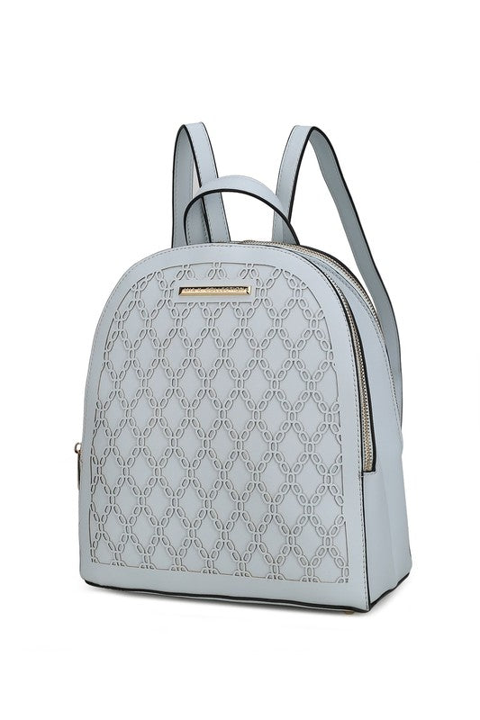 MKF Sloane Multi-Compartment Backpack Vegan Leather Gold-tone Hardware Adjustable Straps Interior Pockets Zip Closure 11x11.4x5.5