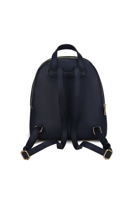 MKF Sloane Multi-Compartment Backpack Vegan Leather Gold-tone Hardware Adjustable Straps Interior Pockets Zip Closure 11x11.4x5.5