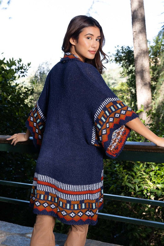 Kachina Patterned Knitted Cardigan Ruana in Soft Acrylic Polyester Blend