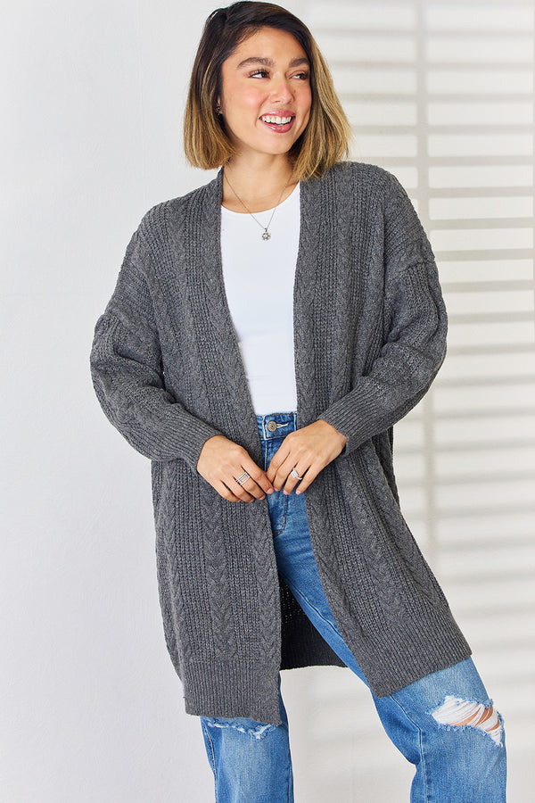 Polyester Cable-Knit Open Front Relaxed Cardigan Machine Washable