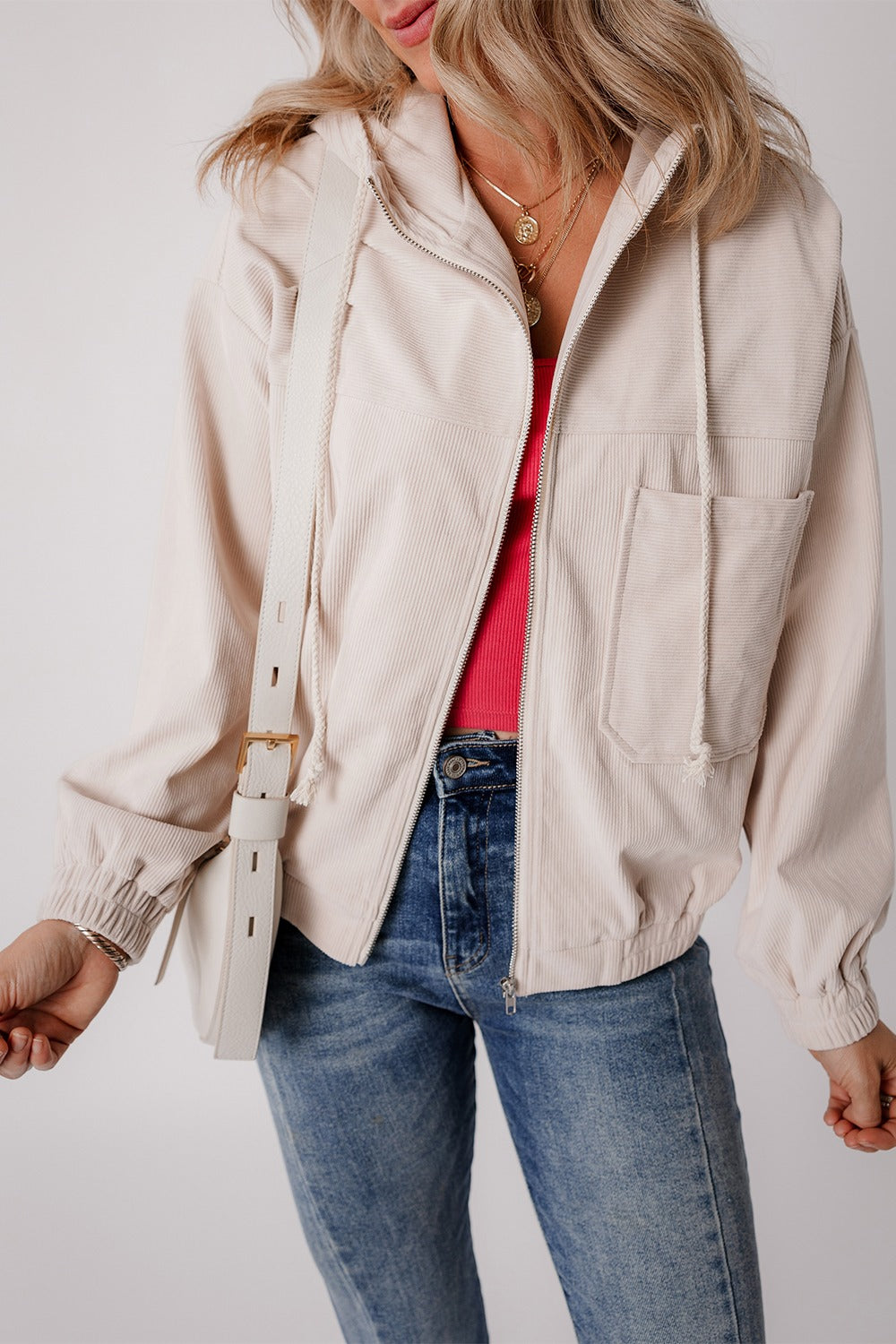 Women's 100% Polyester Drawstring Pocketed Loose Cardigan Jacket