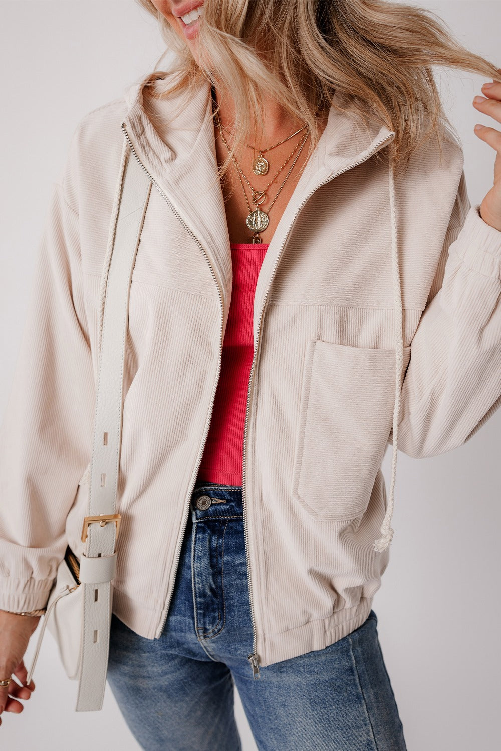 Women's 100% Polyester Drawstring Pocketed Loose Cardigan Jacket