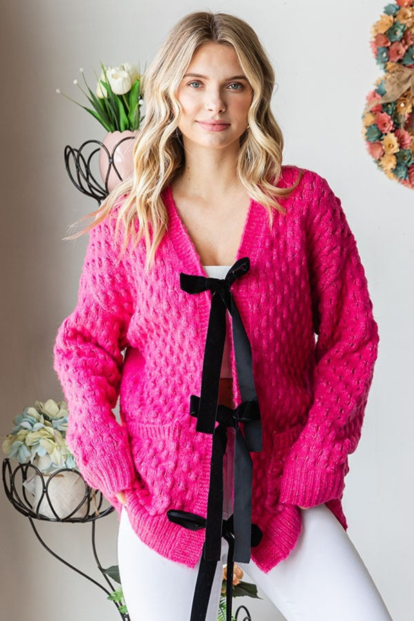 Cable Knit Cardigan with Tie Closure and Side Pockets for Versatility