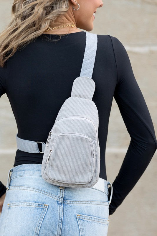 Ingrid Double Zip Sling Bag Cotton Corduroy Adjustable Canvas Strap Silver Hardware Zippered Compartments