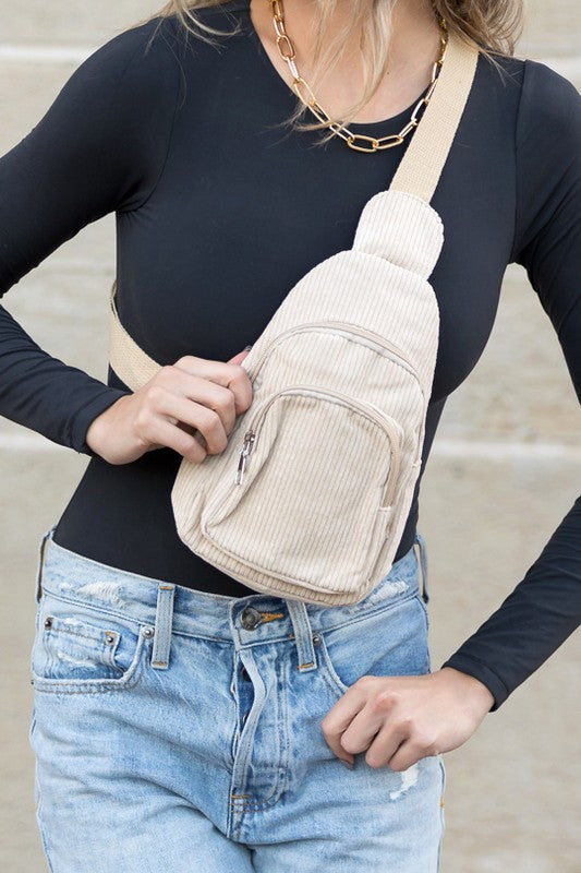 Ingrid Double Zip Sling Bag Cotton Corduroy Adjustable Canvas Strap Silver Hardware Zippered Compartments