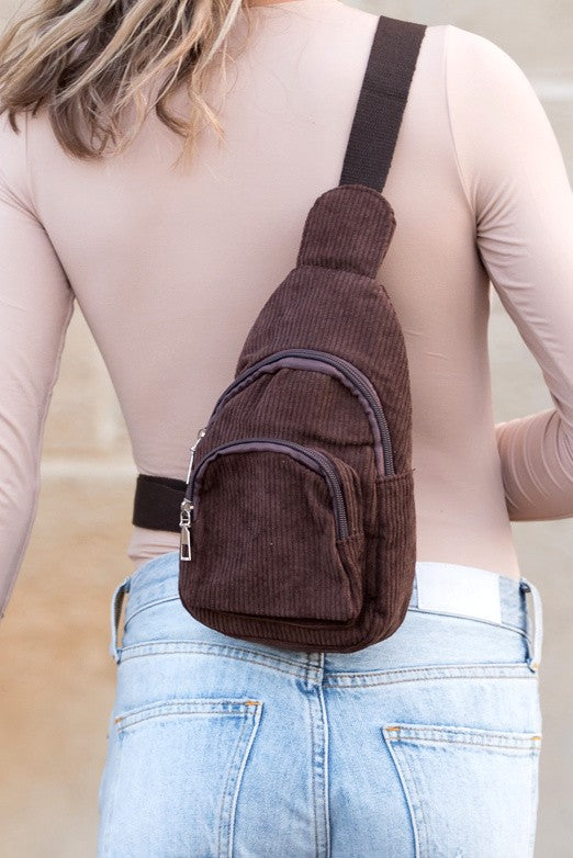 Ingrid Double Zip Sling Bag Cotton Corduroy Adjustable Canvas Strap Silver Hardware Zippered Compartments