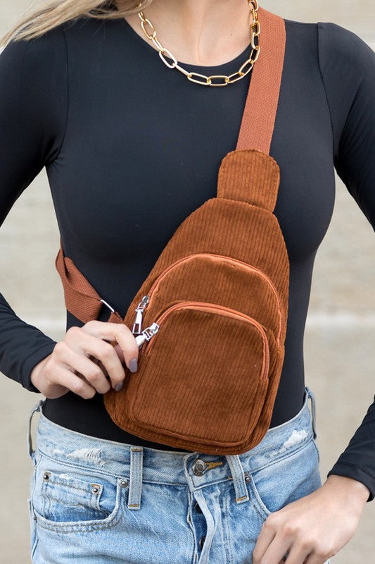 Ingrid Double Zip Sling Bag Cotton Corduroy Adjustable Canvas Strap Silver Hardware Zippered Compartments