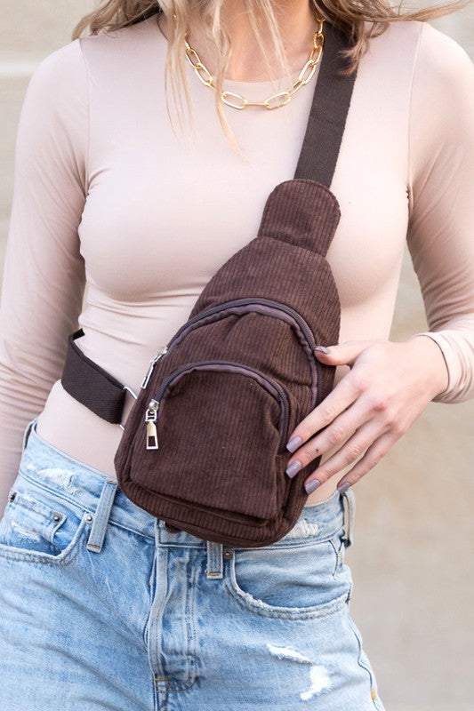 Ingrid Double Zip Sling Bag Cotton Corduroy Adjustable Canvas Strap Silver Hardware Zippered Compartments