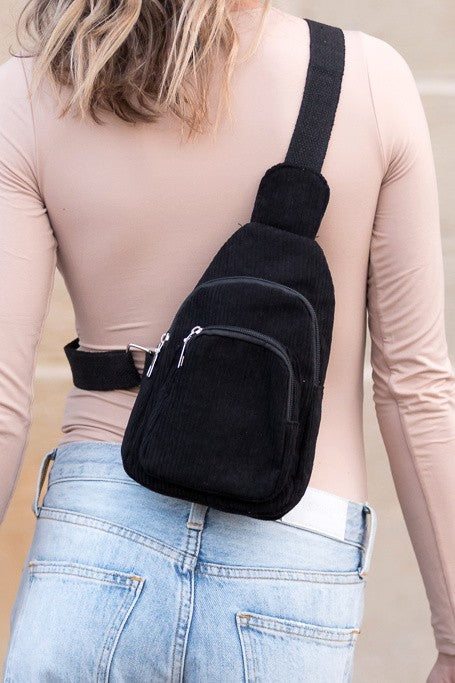 Ingrid Double Zip Sling Bag Cotton Corduroy Adjustable Canvas Strap Silver Hardware Zippered Compartments