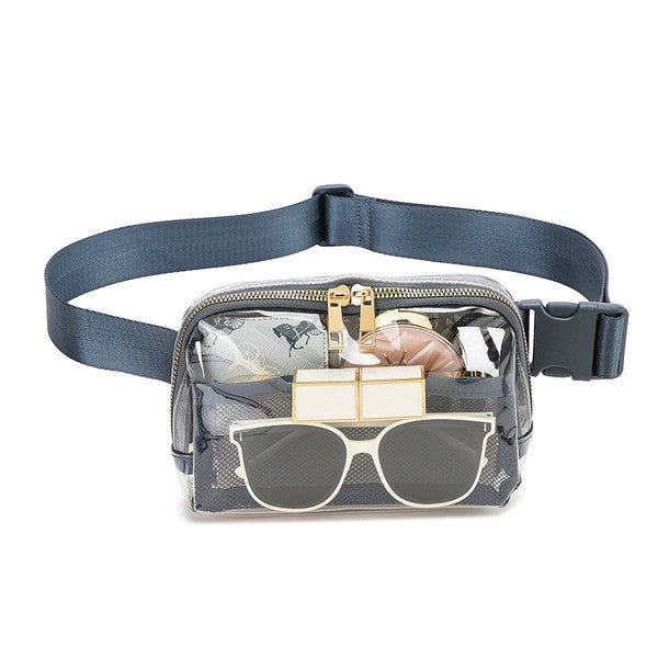 Juni Clear Stadium Belt Bag Nylon PVC Adjustable Strap Exterior Zip Pocket Interior Mesh Pocket Gold Hardware