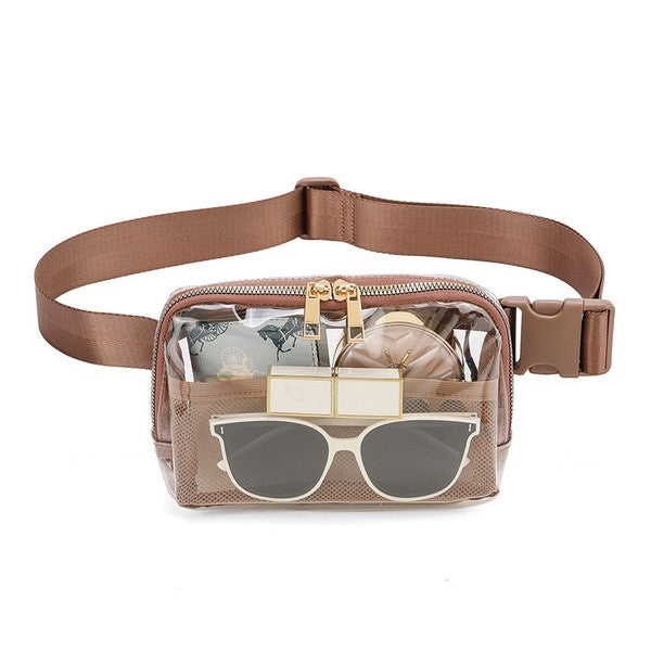 Juni Clear Stadium Belt Bag Nylon PVC Adjustable Strap Exterior Zip Pocket Interior Mesh Pocket Gold Hardware