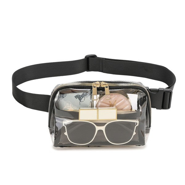 Juni Clear Stadium Belt Bag Nylon PVC Adjustable Strap Exterior Zip Pocket Interior Mesh Pocket Gold Hardware
