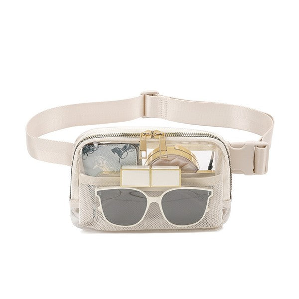 Juni Clear Stadium Belt Bag Nylon PVC Adjustable Strap Exterior Zip Pocket Interior Mesh Pocket Gold Hardware