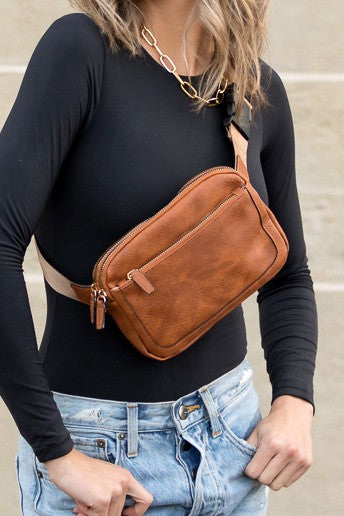 Presly Vegan Leather Sling Belt Bag with Adjustable Strap Two Zippered Compartments Gold Hardware Easy-Wipe Lining