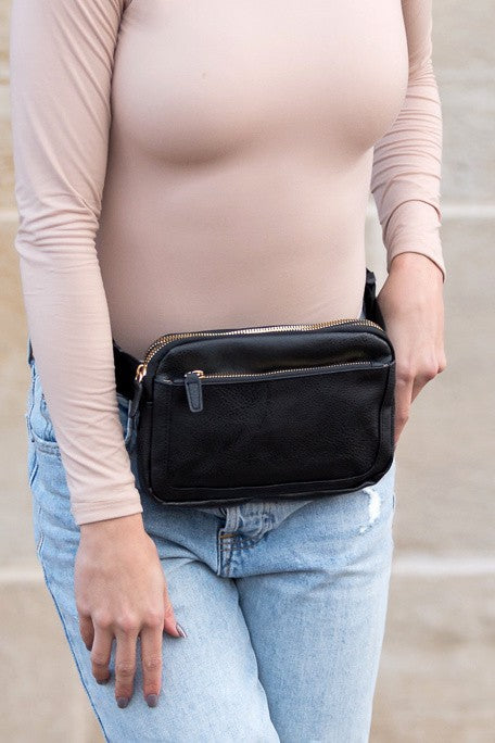Presly Vegan Leather Sling Belt Bag with Adjustable Strap Two Zippered Compartments Gold Hardware Easy-Wipe Lining