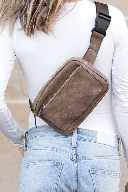 Presly Vegan Leather Sling Belt Bag with Adjustable Strap Two Zippered Compartments Gold Hardware Easy-Wipe Lining