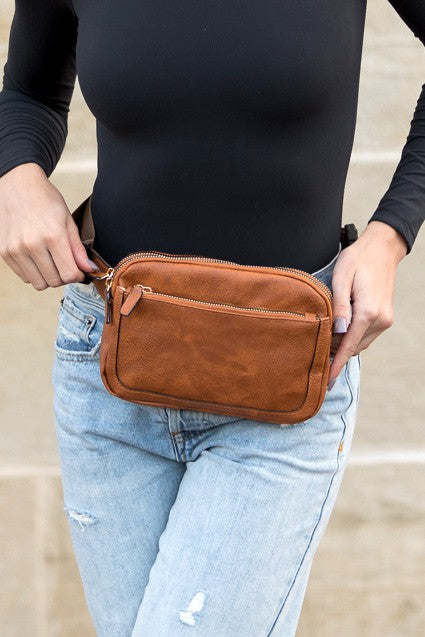 Presly Vegan Leather Sling Belt Bag with Adjustable Strap Two Zippered Compartments Gold Hardware Easy-Wipe Lining