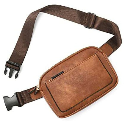 Presly Vegan Leather Sling Belt Bag with Adjustable Strap Two Zippered Compartments Gold Hardware Easy-Wipe Lining