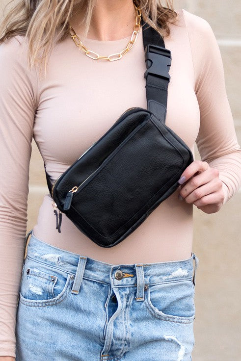 Presly Vegan Leather Sling Belt Bag with Adjustable Strap Two Zippered Compartments Gold Hardware Easy-Wipe Lining