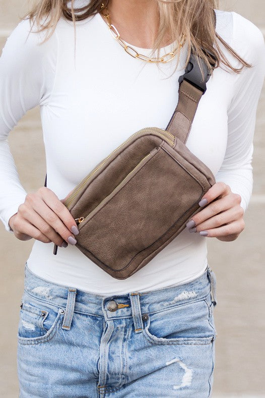 Presly Vegan Leather Sling Belt Bag with Adjustable Strap Two Zippered Compartments Gold Hardware Easy-Wipe Lining