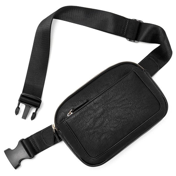 Presly Vegan Leather Sling Belt Bag with Adjustable Strap Two Zippered Compartments Gold Hardware Easy-Wipe Lining