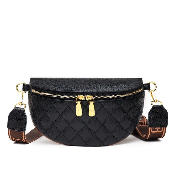 Myra Quilted Leather Crescent Sling Bag with Rear Zip Pocket and Adjustable Strap 9.5x6 Inch