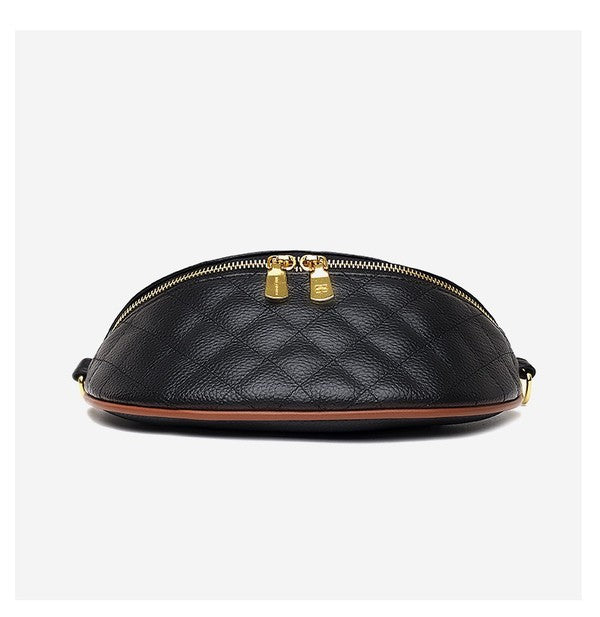 Myra Quilted Leather Crescent Sling Bag with Rear Zip Pocket and Adjustable Strap 9.5x6 Inch